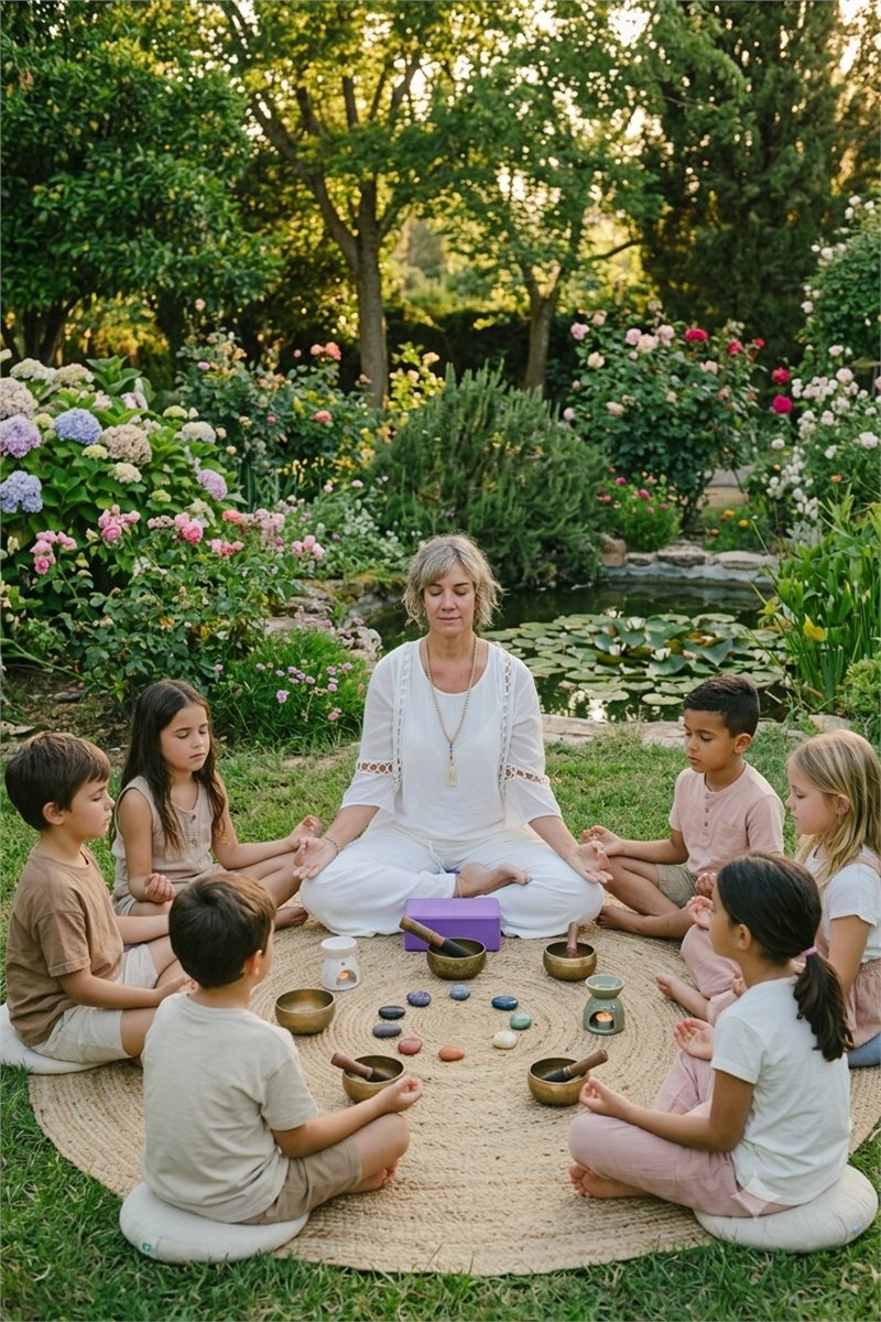 Rosana guiando una práctica de mindfulness para niños en un jardín